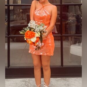 Elegant Orange Sequin Halter Dress